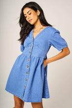 Load image into Gallery viewer, Puff Sleeve Button Down Denim Mini Dress In Light Blue