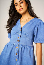 Load image into Gallery viewer, Puff Sleeve Button Down Denim Mini Dress In Light Blue