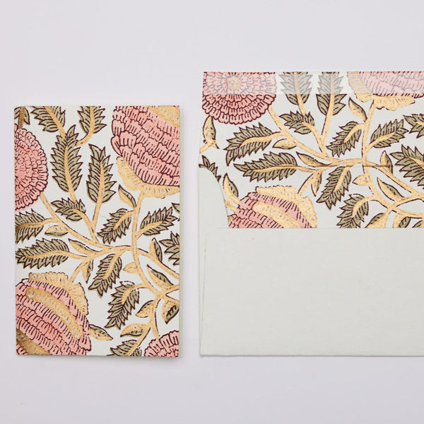 Hand Block Printed Greeting Card - Marigold Glitz Coral