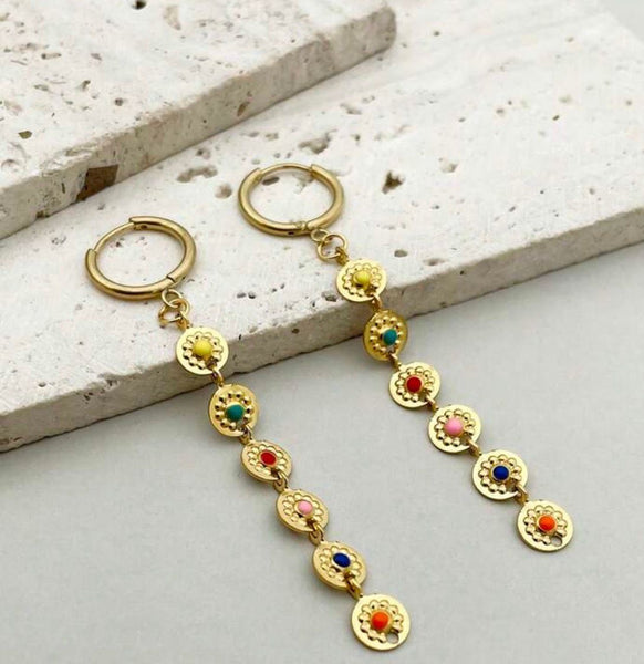 Gold Multi-Coloured Disc Drop Hoops