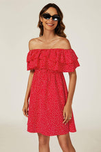 Load image into Gallery viewer, Polka Dot Bardot Frill Mini Dress In Red
