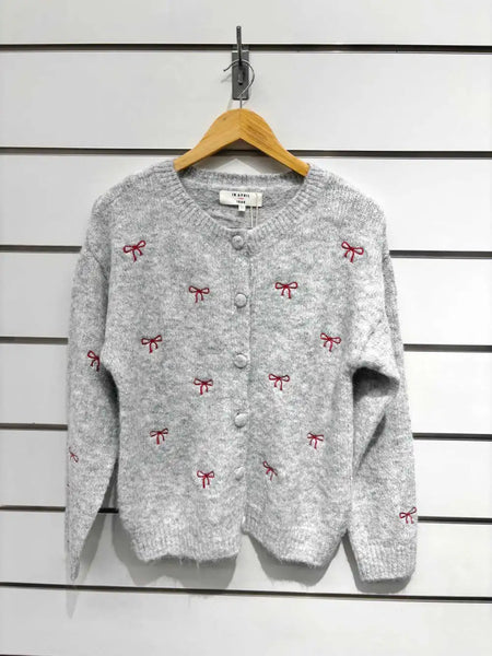 Round neckline button up cardigan with embroidered bow details