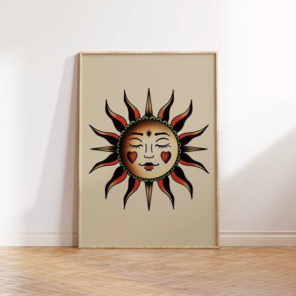 Whimsical Sun Traditional Tattoo Print Poster