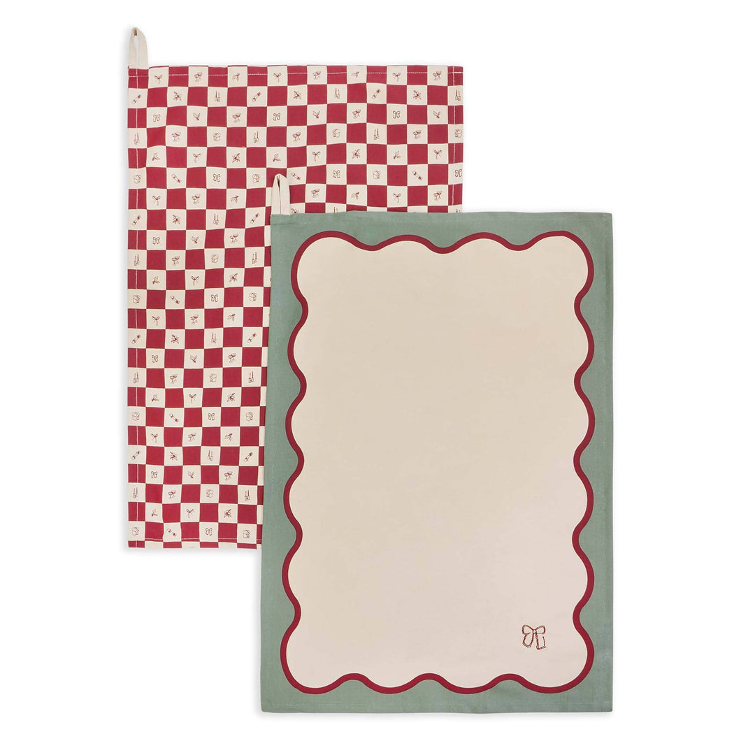 Christmas Tea Towels, Set of 2 - Christmas Checkerboard