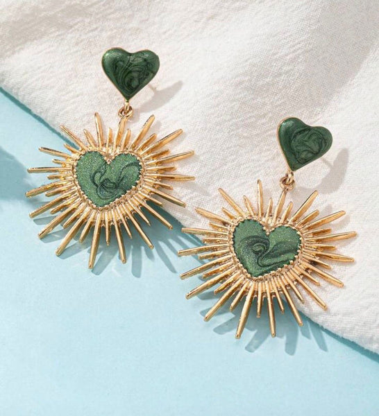Green Marbled Heart Earrings with Gold Sunburst Frame