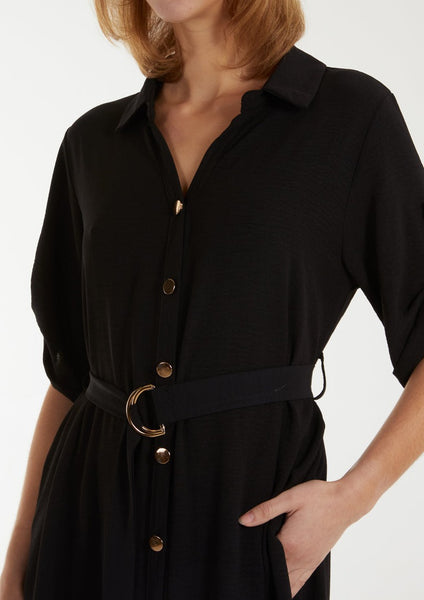Belted Shirt Dress - Black
