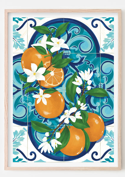 Oranges Over Spanish Tiles Art Print A4