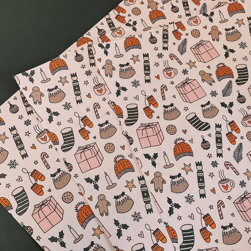 Cute Christmas Illustrated Pattern Wrapping Paper Sheets