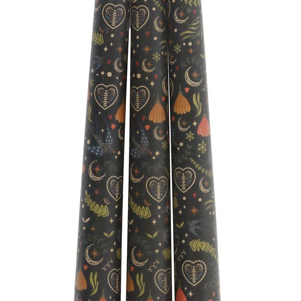 Set of 3 Black Folk Floral Print Taper Candles