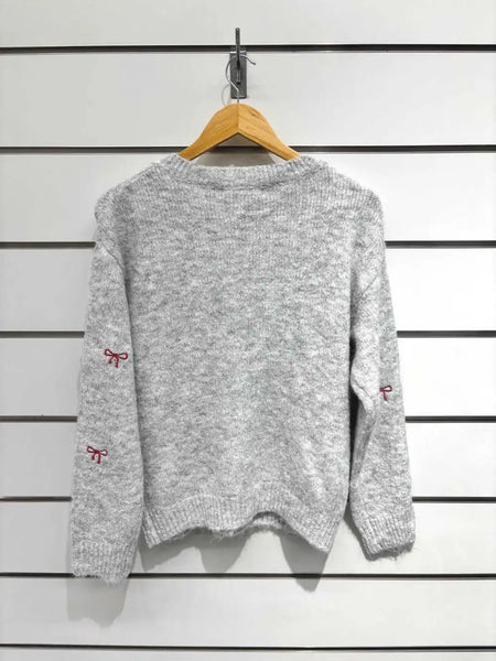 Round neckline button up cardigan with embroidered bow details