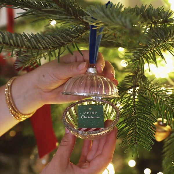 Ribbed Glass Secret Opening Bauble with Navy Ribbon