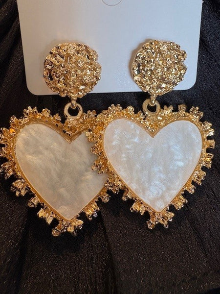 White and gold heart statement earrings
