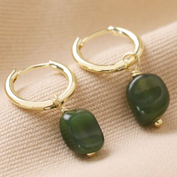 African Jade Stone Hoop Earrings in Gold